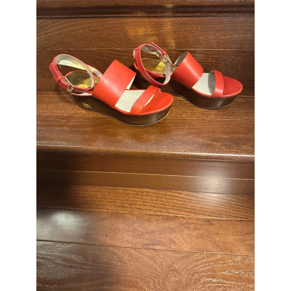 Michael Kors Women's Posey Orange Red Leather Platform Wedge Sandals Sz 8